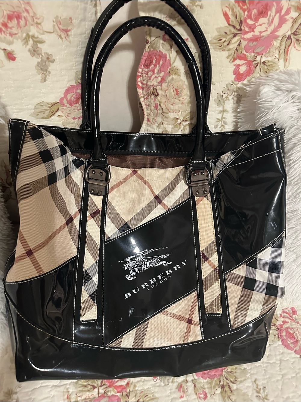 Vintage Burberry Black and Beige Plaid Patent Patchwork Tote